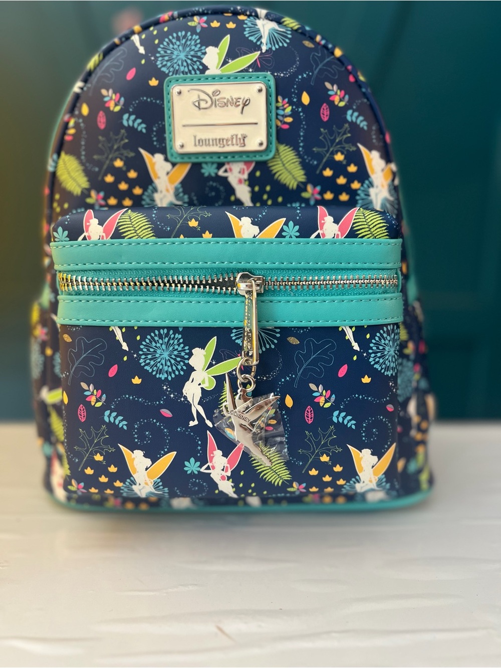 Loungefly Navy Tinker Bell Mini Backpack with Teal Trim and Gold Charm